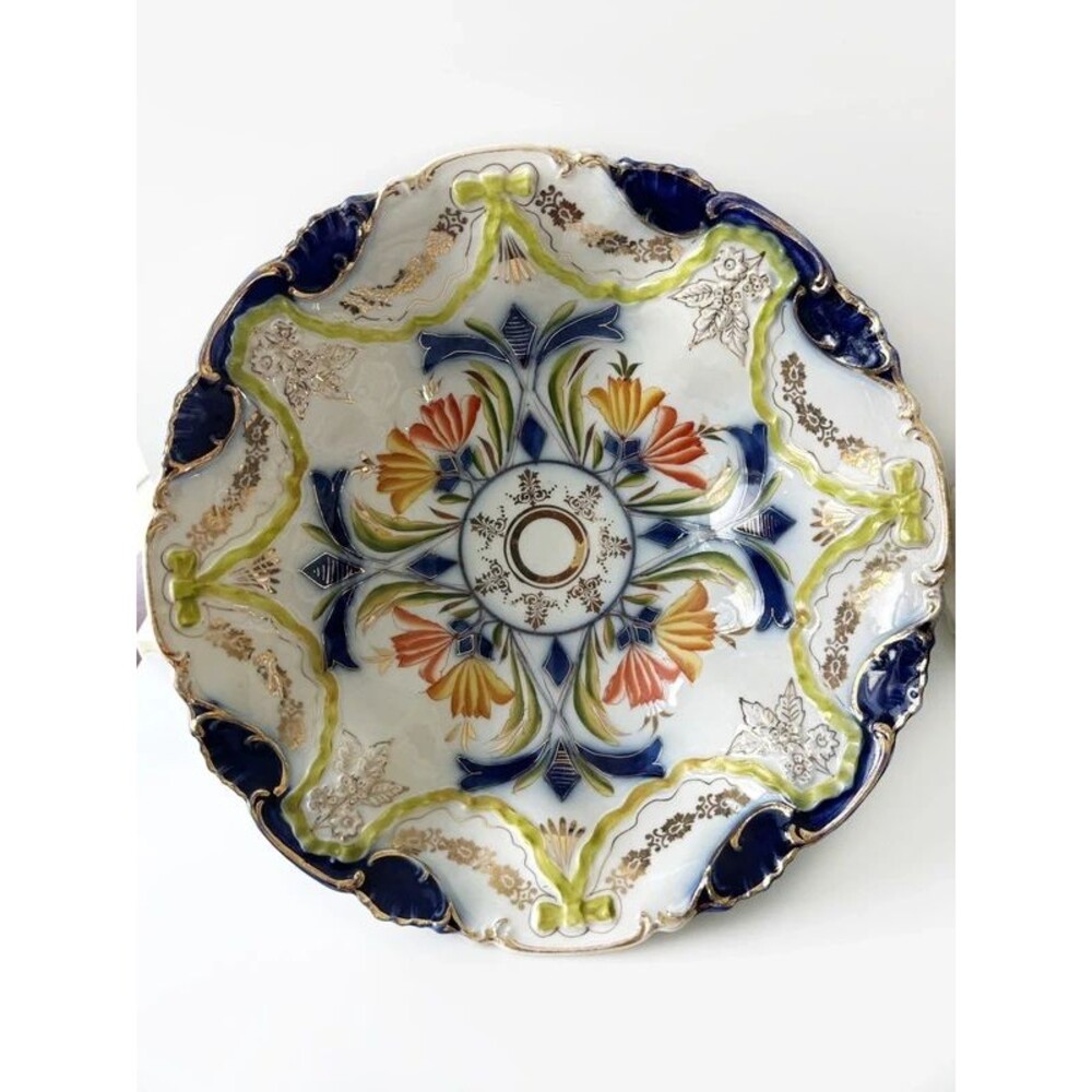Vintage German Porcelain Hand-Painted Floral 11” Serving Bowl Cobalt Blue & Gold